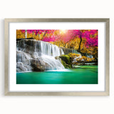 Framed wall art collection showcasing serene landscapes and cascading waterfalls, highlighted by a silver mat and frame, perfect for enhancing home decor.