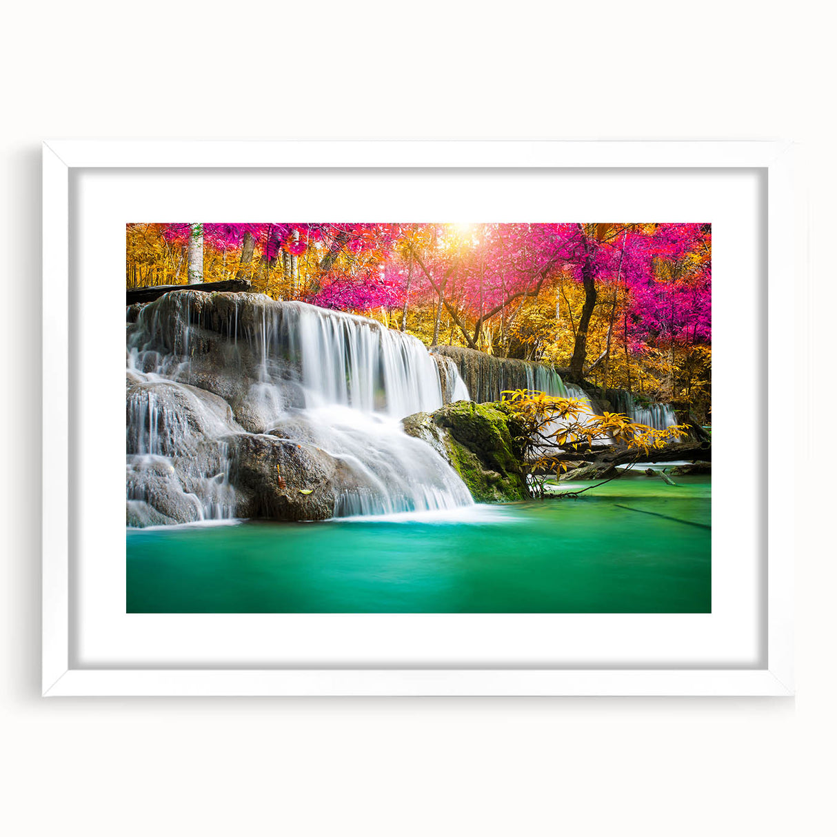 Framed wall art collection showcasing a stunning waterfall landscape design, featuring a white mat and sleek frame, perfect for home decor enhancement.