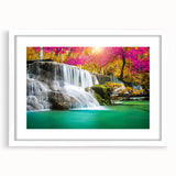 Framed wall art collection showcasing a stunning waterfall landscape design, featuring a white mat and sleek frame, perfect for home decor enhancement.