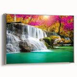 Framed wall art collection showcasing a stunning landscape of cascading waterfalls, set against a serene natural backdrop, with a sleek silver frame highlighting the vibrant colors.