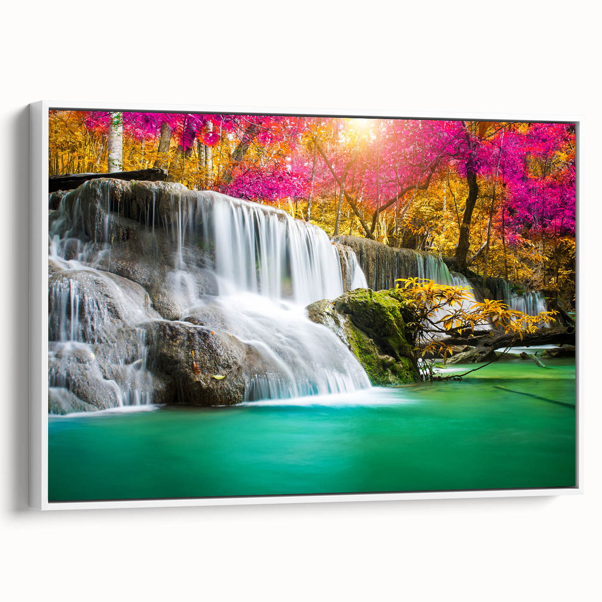 Framed canvas wall art collection showcasing a stunning landscape waterfall design in vibrant colors, displayed against a white background, perfect for home decor.