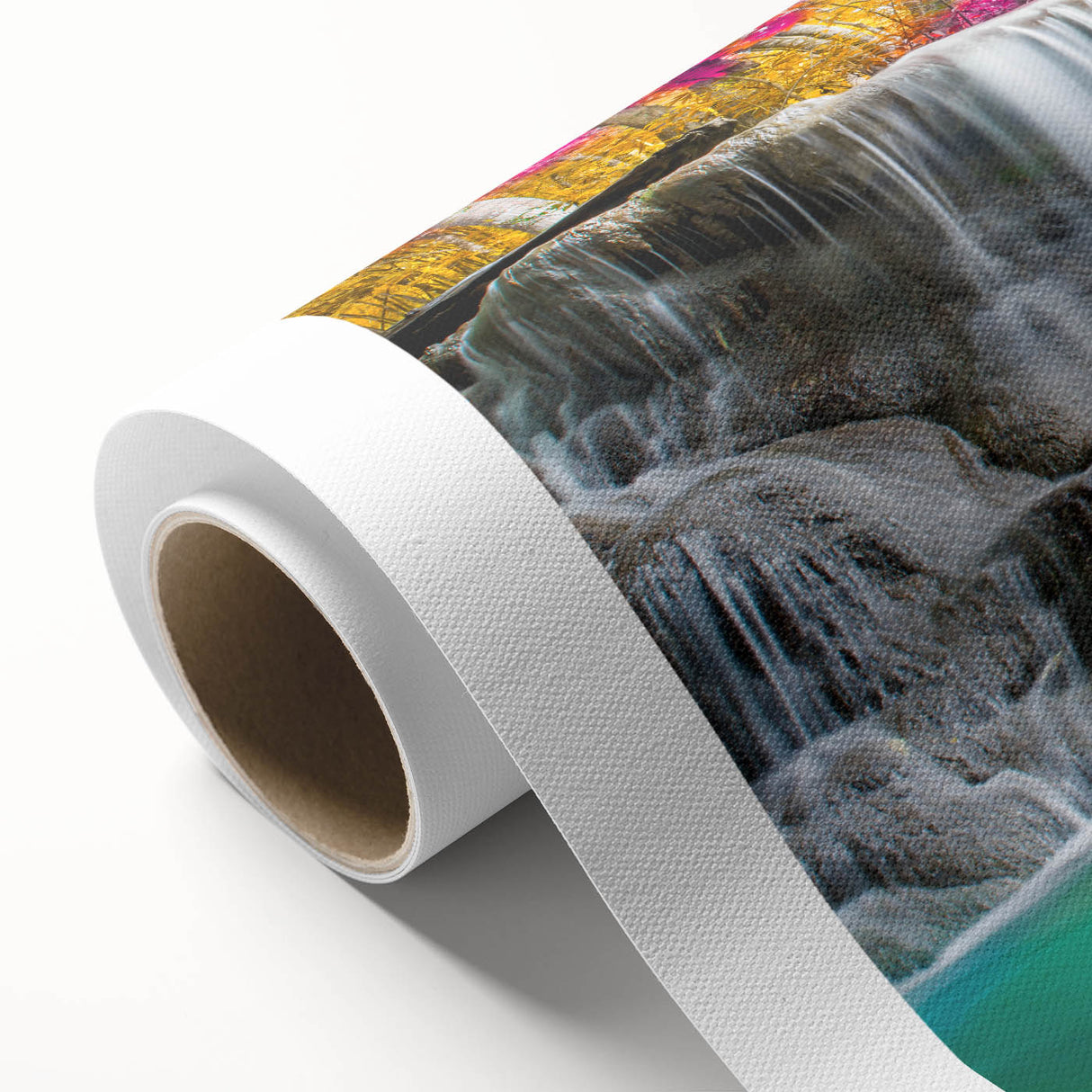 Stunning rolled canvas artwork showcasing a vibrant waterfall landscape, featuring cascading water and lush greenery, ideal for home decor or office ambiance.