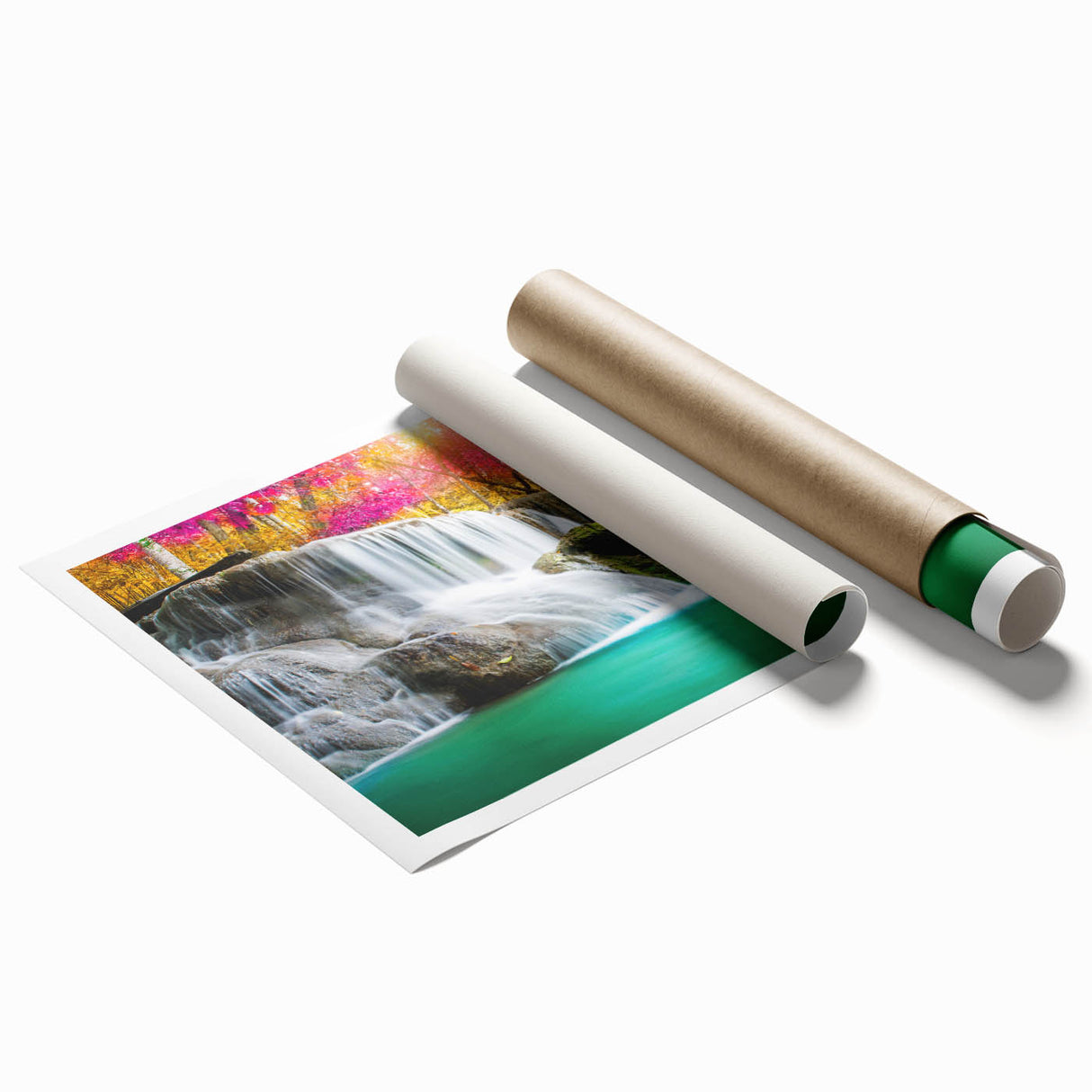 Rolled print showcasing a vibrant waterfall landscape with lush greenery and cascading water, designed for wall art decor, packaged securely in a protective tube.