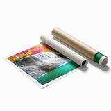Rolled print showcasing a vibrant waterfall landscape with lush greenery and cascading water, designed for wall art decor, packaged securely in a protective tube.