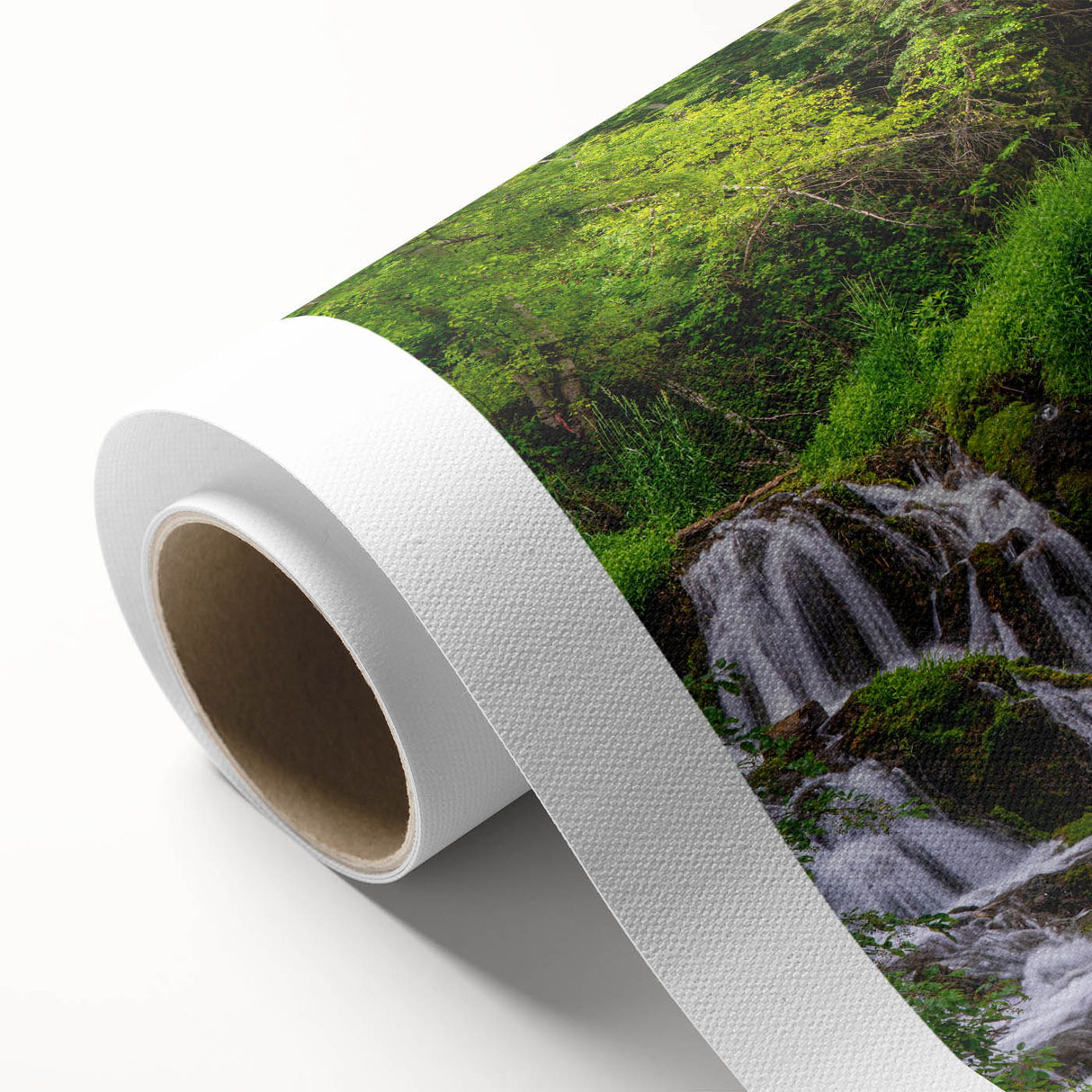 Vibrant rolled canvas artwork showcasing a stunning waterfall landscape, featuring lush greenery and cascading water, perfect for enhancing home decor.