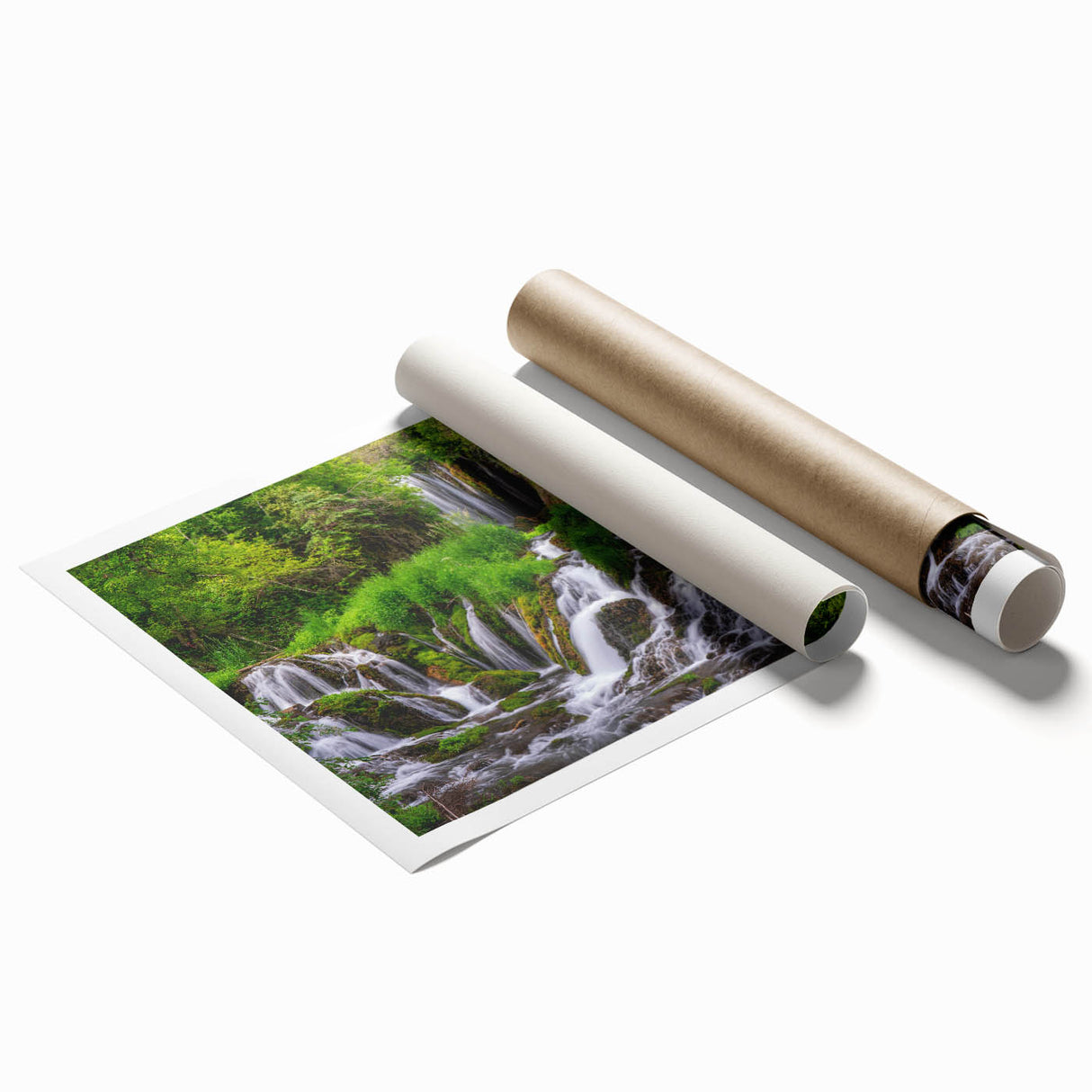 Colorful landscape artwork depicting a serene waterfall surrounded by lush greenery, designed for wall decor, showcasing vibrant blues and greens, perfect for nature lovers.