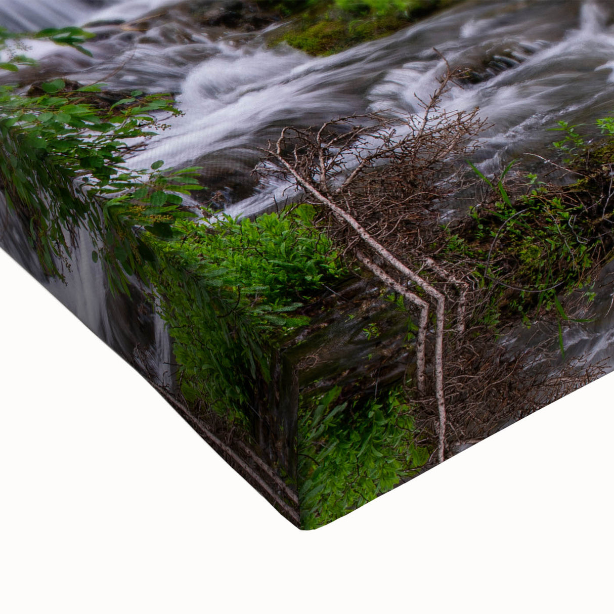 Close-up of a vibrant landscape waterfall wall art design on stretched canvas, showcasing intricate details and rich colors, perfect for home decor.