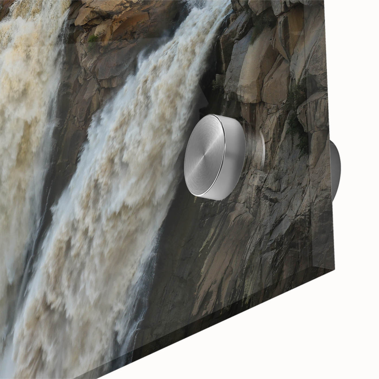 Close-up of a vibrant acrylic glass wall art piece showcasing a serene waterfall landscape, featuring lush green foliage and cascading water for a tranquil home decor accent. Perfect for nature lovers and modern interiors, this design adds a refreshing touch to any space.