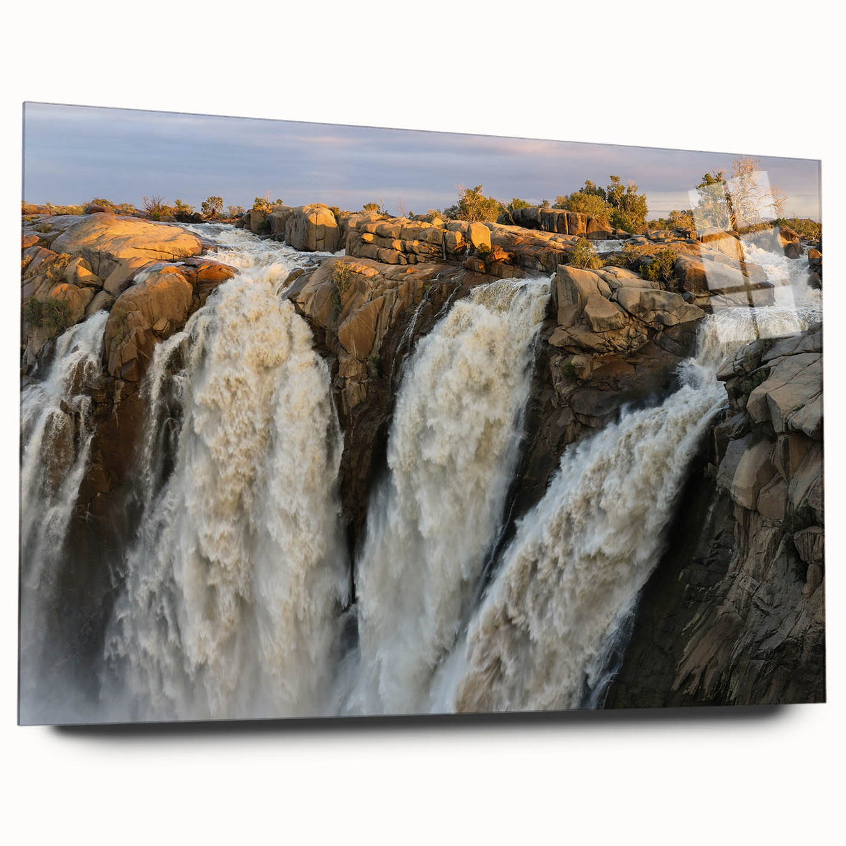 Acrylic wall art piece showcasing a serene waterfall landscape design, featuring vibrant colors and intricate details, displayed from a side view without pins. Ideal for enhancing home decor with a calming natural theme.
