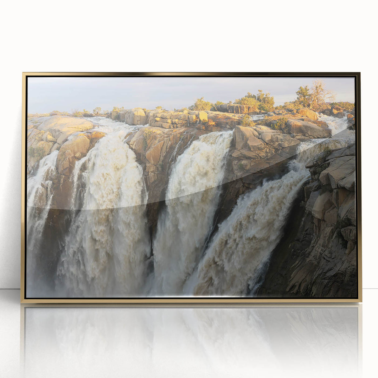 Framed acrylic wall art featuring a vibrant waterfall landscape design with gold accents, ideal for home decor, adding a touch of nature and elegance.