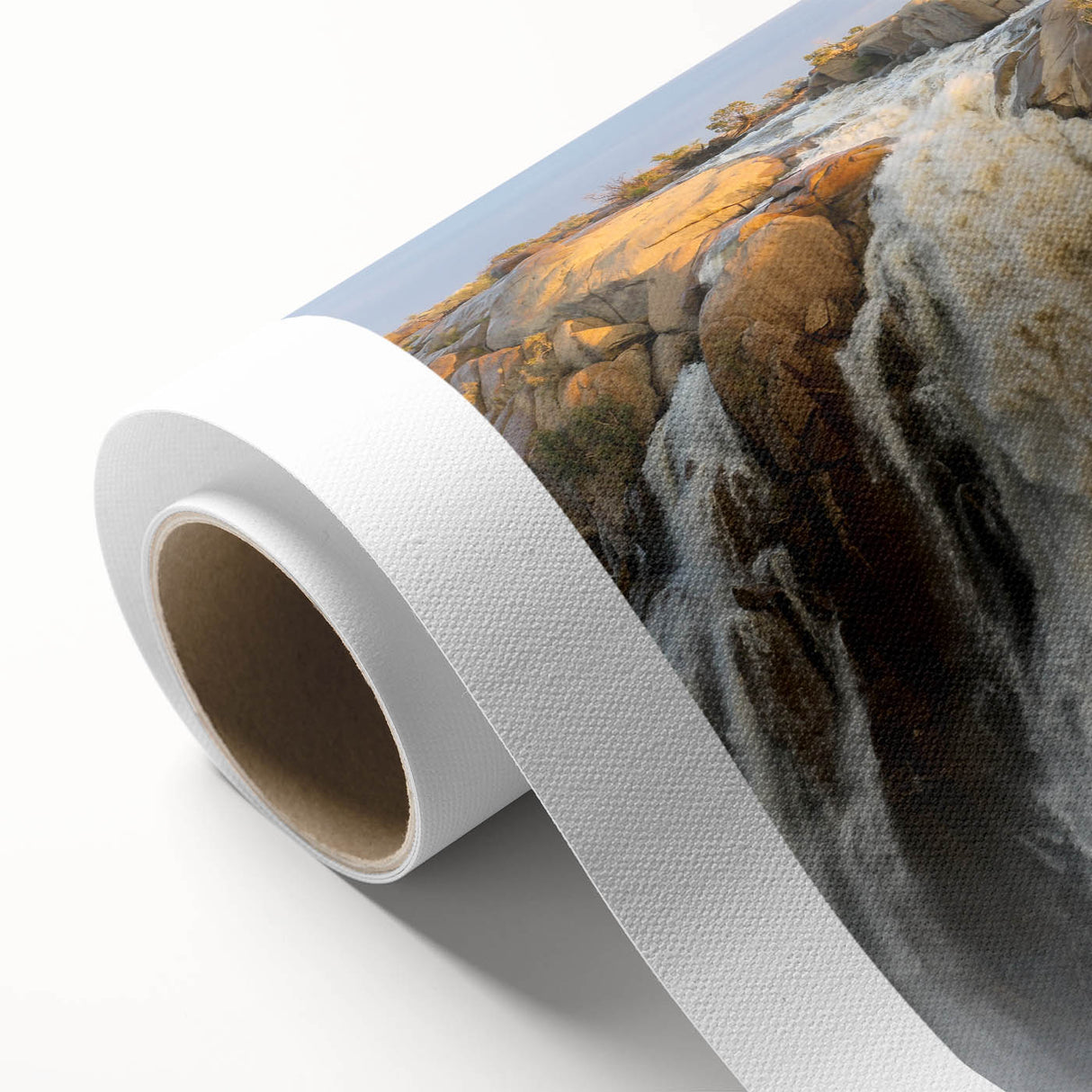 Vibrant rolled canvas artwork showcasing a serene waterfall landscape design, featuring lush greenery and cascading water, ideal for home decor.