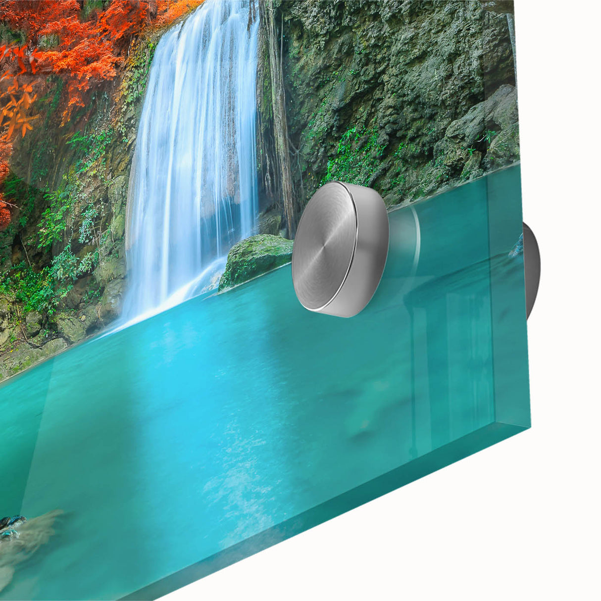 Close-up of a vibrant acrylic glass wall art piece showcasing a serene landscape with cascading waterfalls, emphasizing rich colors and intricate details, perfect for home decor.