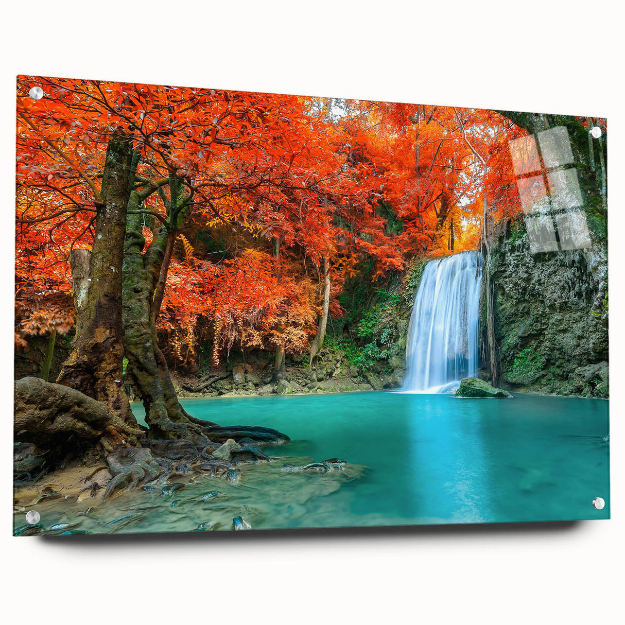 Acrylic glass wall art showcasing a vibrant waterfall landscape design, elegantly displayed from the side with visible mounting pins, ideal for home decor enhancement.