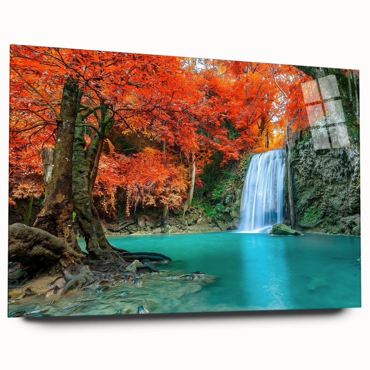 Acrylic glass wall art collection showcasing a vibrant waterfall landscape design in a side view, highlighting the intricate details and colors, perfect for home decor.