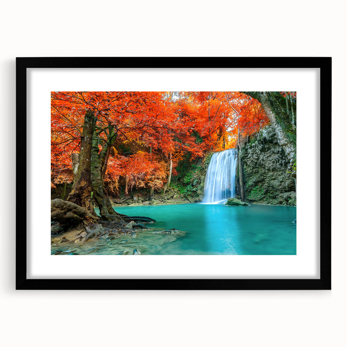 Framed wall art collection showcasing a serene landscape with cascading waterfalls, featuring a black frame and matting for an elegant presentation, ideal for home decor.