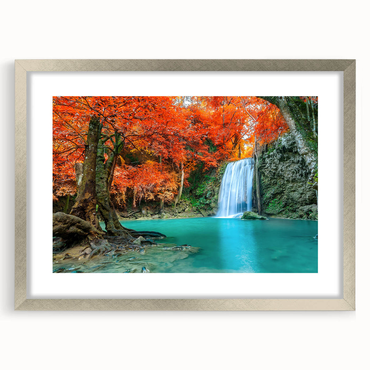 Framed wall art collection showcasing a stunning landscape waterfall design with a silver mat, perfect for enhancing home decor and adding a serene aesthetic.