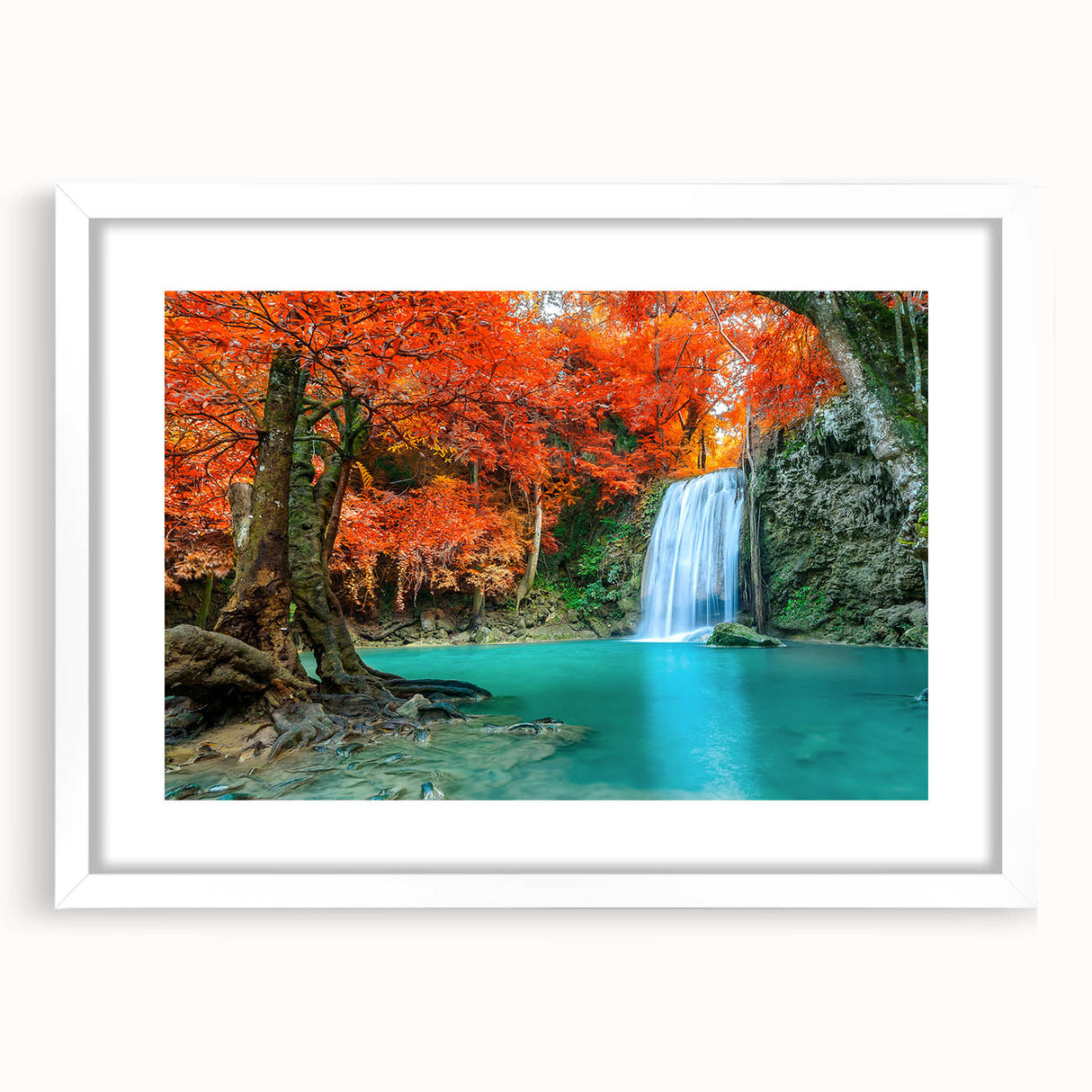 Framed wall art collection featuring a serene landscape waterfall scene with vibrant colors, set against a white mat and frame, perfect for home decor.