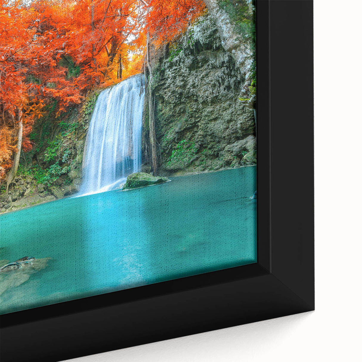 Framed close-up of a vibrant waterfall landscape wall art design, showcasing vivid colors and intricate details, perfect for home decor enhancement.