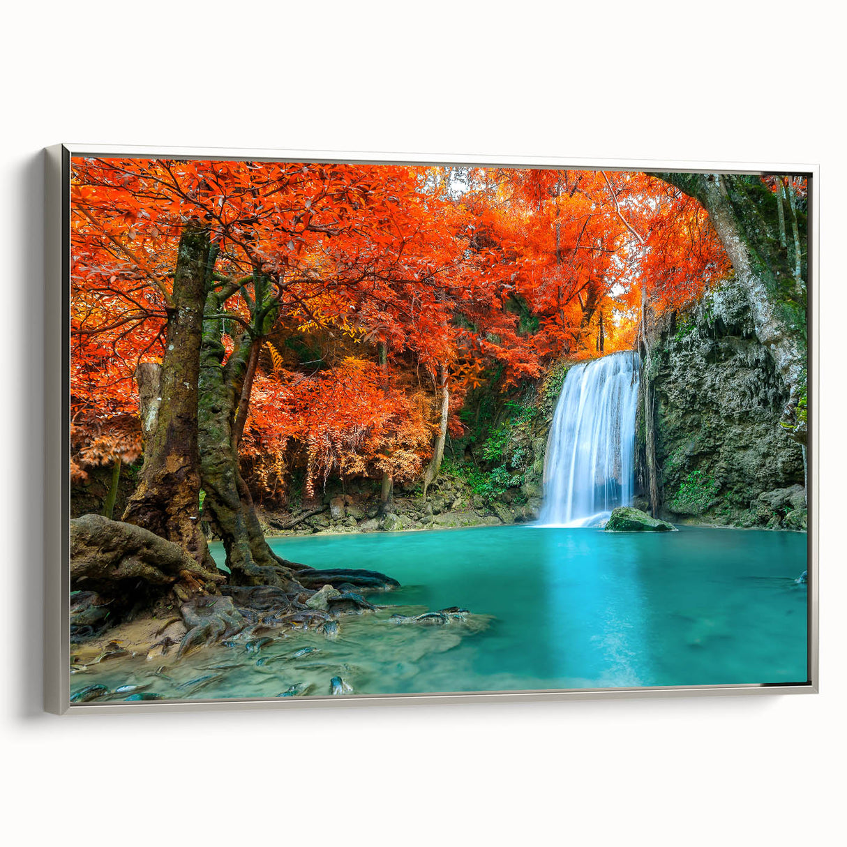 Framed canvas wall art showcasing a stunning waterfall landscape design with silver accents, set against a sleek modern interior, enhancing room decor.