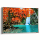Framed canvas wall art showcasing a stunning waterfall landscape design with silver accents, set against a sleek modern interior, enhancing room decor.