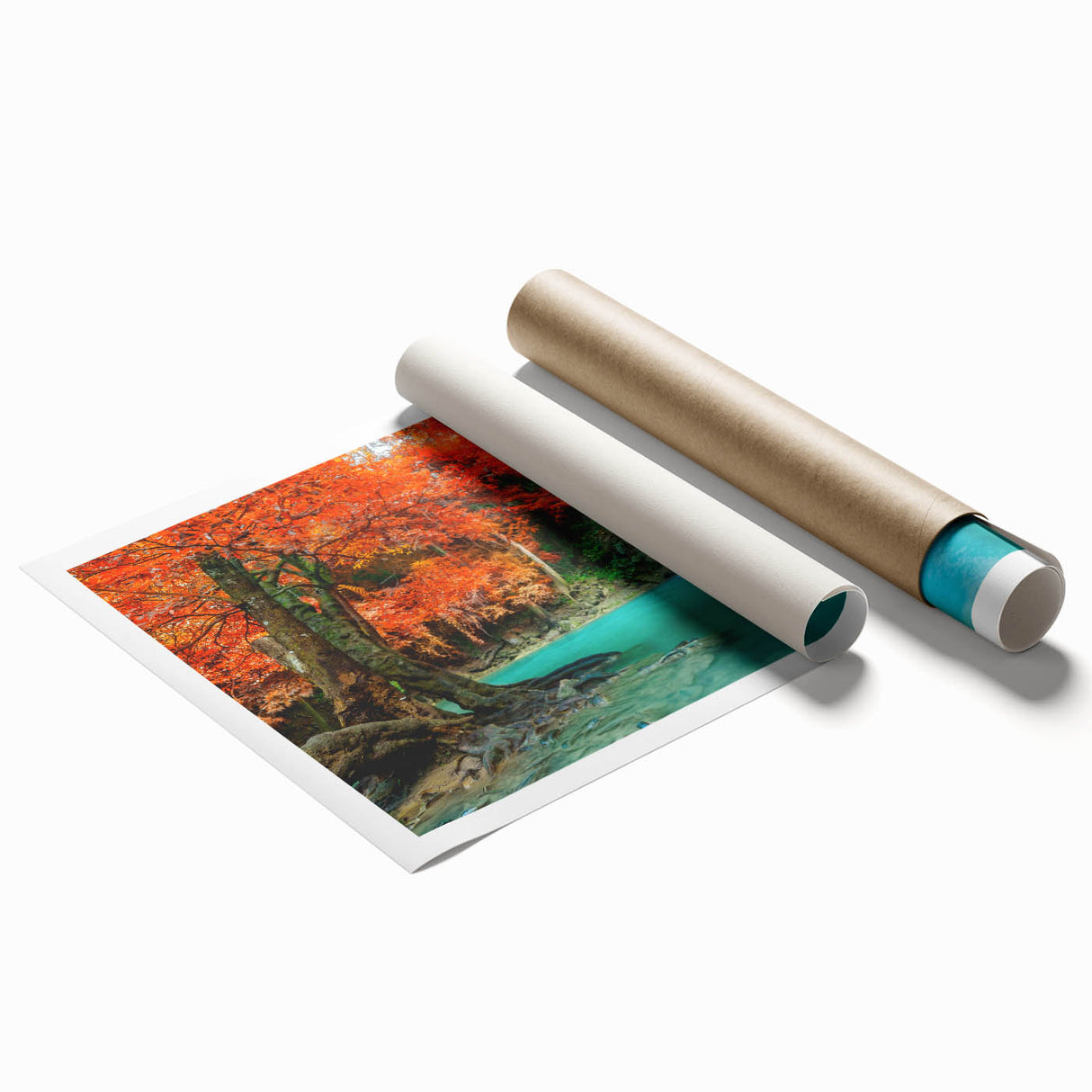 Vibrant rolled print showcasing a serene waterfall landscape, featuring lush greenery and tranquil water flow, perfect for enhancing home decor and relaxation.