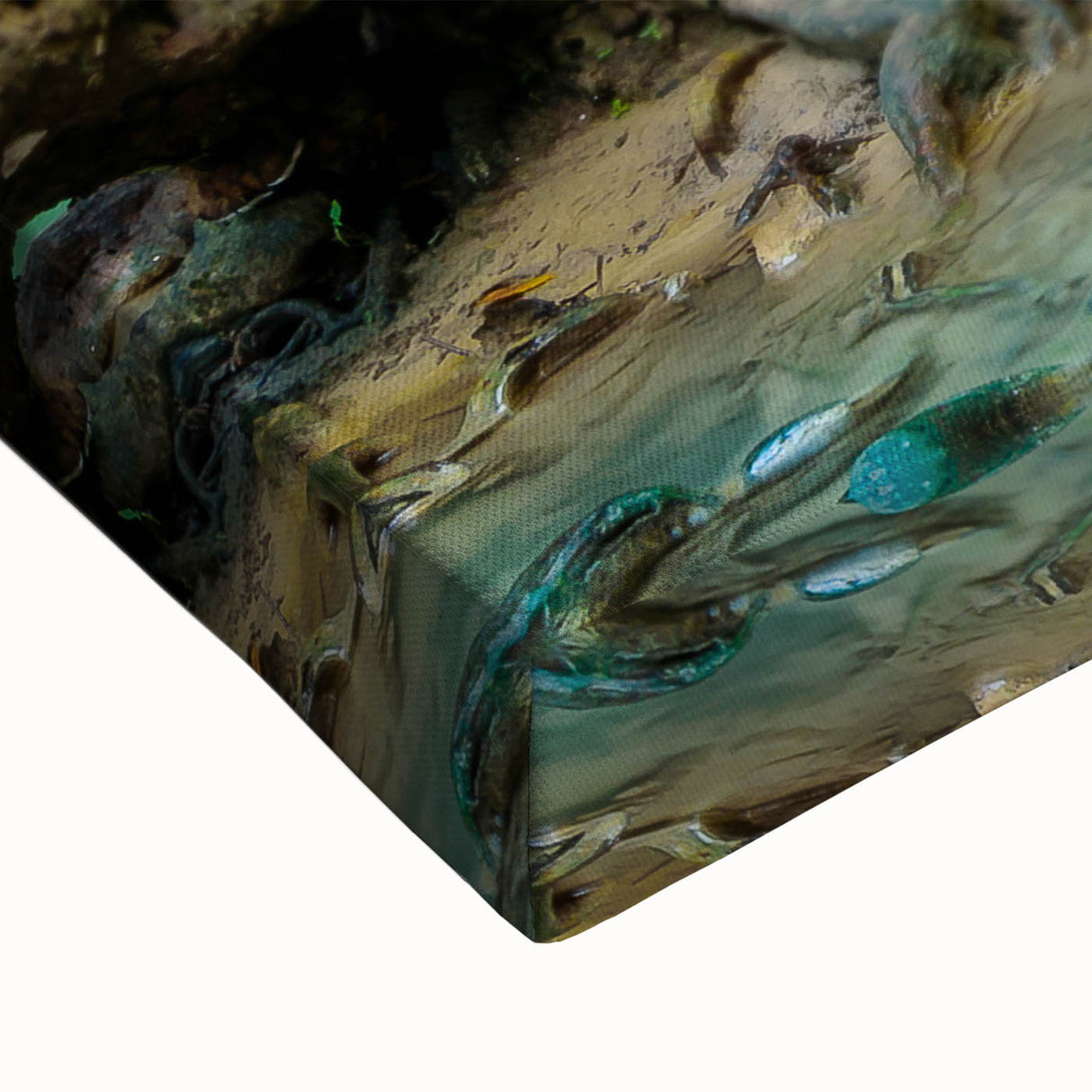 Close-up view of a vibrant, stretched canvas showcasing a serene waterfall landscape design, featuring lush greenery and cascading water, ideal for home decor.