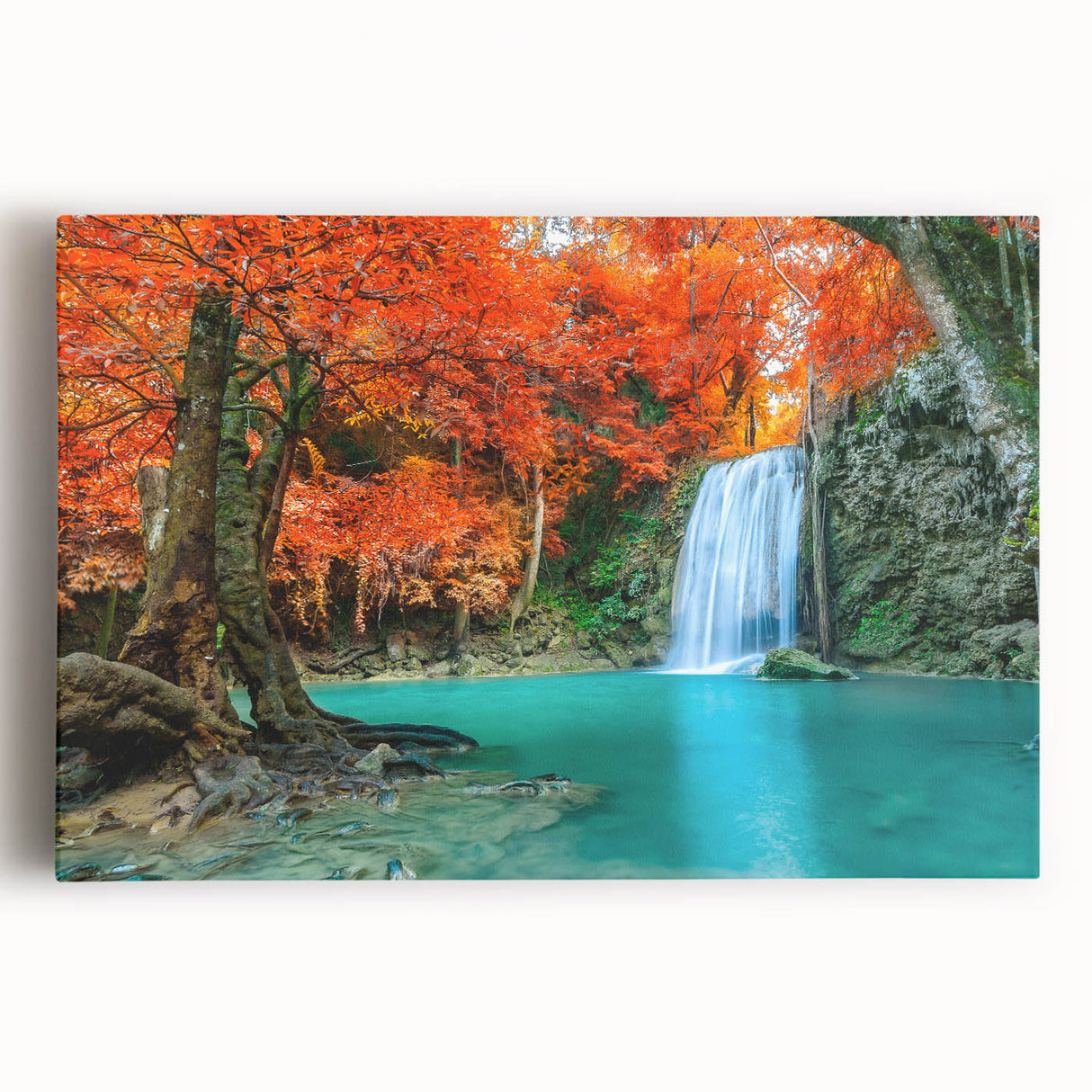 Vibrant stretched canvas wall art showcasing a stunning waterfall landscape, featuring lush greenery and flowing water, perfect for enhancing home decor.