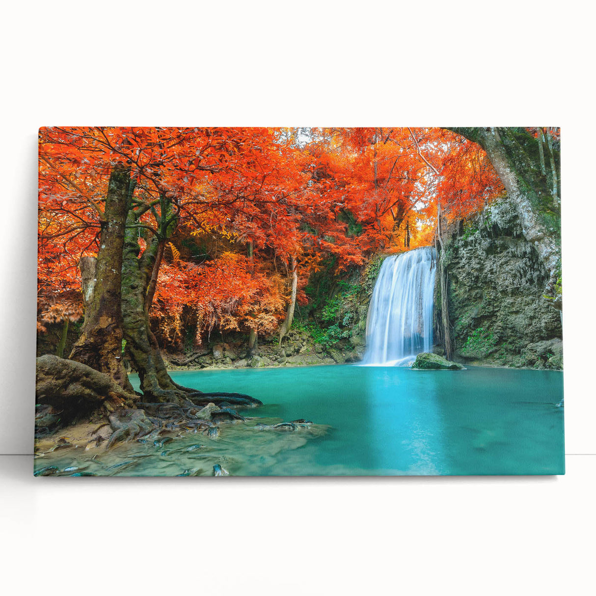 Stretched canvas wall art showcasing a serene waterfall landscape design with vibrant greens and blues, perfect for enhancing any modern decor. Ideal for nature lovers.
