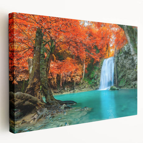 Stretched canvas artwork showcasing a serene waterfall landscape in vibrant colors, ideal for home decor, enhancing tranquility and natural beauty.
