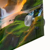 Close-up of a vibrant acrylic glass wall art piece showcasing a stunning waterfall landscape, featuring rich blues and greens, ideal for home decor enhancement.