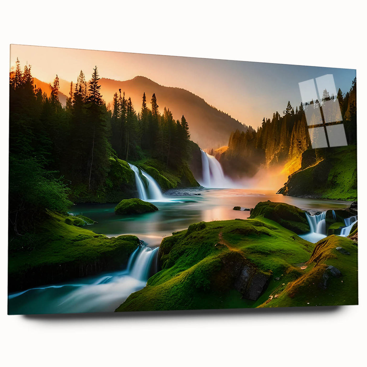 Acrylic wall art design showcasing a serene waterfall landscape, displayed from the side, highlighting its glossy finish and vibrant colors, perfect for home decor.