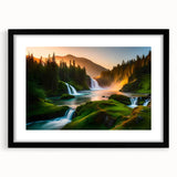 Framed wall art of a serene waterfall landscape, featuring vibrant blue waters, lush greenery, and a black mat for a modern aesthetic, perfect for home decor.