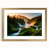 Framed wall art featuring a stunning waterfall landscape design, accented with a gold frame and mat, perfect for enhancing home decor. Ideal for nature lovers.