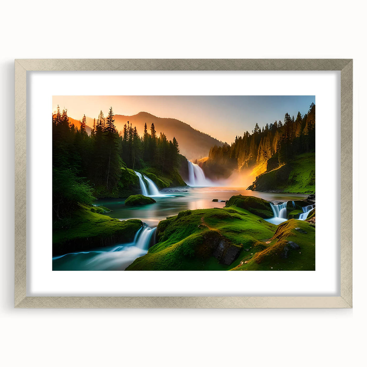 Framed wall art showcasing a serene waterfall landscape design with a silver mat and frame, perfect for enhancing home decor with nature-inspired elegance.