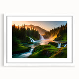 Framed wall art featuring a serene landscape of cascading waterfalls, elegantly presented with a white mat and wooden frame, ideal for home decor.