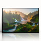 Framed acrylic wall art showcasing a vibrant waterfall landscape design with lush greenery and cascading water, set in a sleek black frame for modern decor.