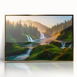 Framed acrylic wall art featuring a stunning waterfall landscape design with gold accents, enhancing any room’s decor with its vibrant colors and tranquil vibe. Perfect for nature lovers and home decorators seeking a serene ambiance.
