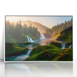 Framed acrylic wall art featuring a serene waterfall landscape, showcasing vibrant colors and rich details, perfect for enhancing any home decor.