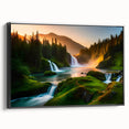 Framed canvas wall art depicting a serene waterfall landscape, featuring lush greenery and vibrant colors, viewed from the side with a sleek black frame. Perfect for nature-themed decor.