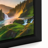 Framed canvas close-up showcasing a vibrant waterfall landscape design, featuring rich blues and greens, perfect for enhancing home decor with natural beauty.