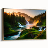 Framed canvas wall art showcasing a stunning waterfall landscape design, with vibrant colors and gold accents, perfect for enhancing home décor.