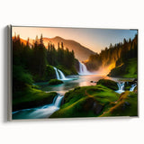 Framed canvas wall art featuring a stunning landscape waterfall design, elegantly bordered in silver, ideal for enhancing home decor with a serene touch.