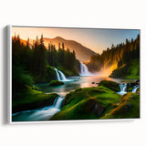 Framed canvas wall art depicting a serene waterfall landscape, featuring lush greenery and vibrant colors, ideal for enhancing home decor with a nature-inspired touch.