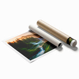 Stunning rolled print of a serene waterfall landscape, showcasing vibrant blues and greens, perfect for home decor. Ideal for nature lovers and art enthusiasts.