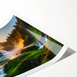 Vibrant rolled print of a serene waterfall landscape, showcasing cascading water surrounded by lush greenery, perfect for home décor and nature enthusiasts.