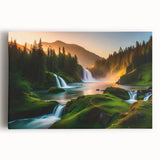 Stretched canvas wall art featuring a vibrant waterfall landscape scene, showcasing lush greenery and cascading water, perfect for home decor.