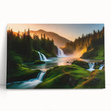 Stretched canvas wall art featuring a serene waterfall landscape in vibrant colors, leaning against a wall, perfect for home decor and relaxation.