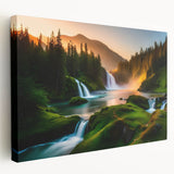 Stretched canvas wall art featuring a stunning waterfall landscape design, showcasing vibrant blues and greens, perfect for enhancing home decor with a serene natural touch.