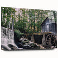 Acrylic glass wall art of a serene watermill landscape design, showcasing vibrant colors and fine details, displayed from a side view with decorative pins.