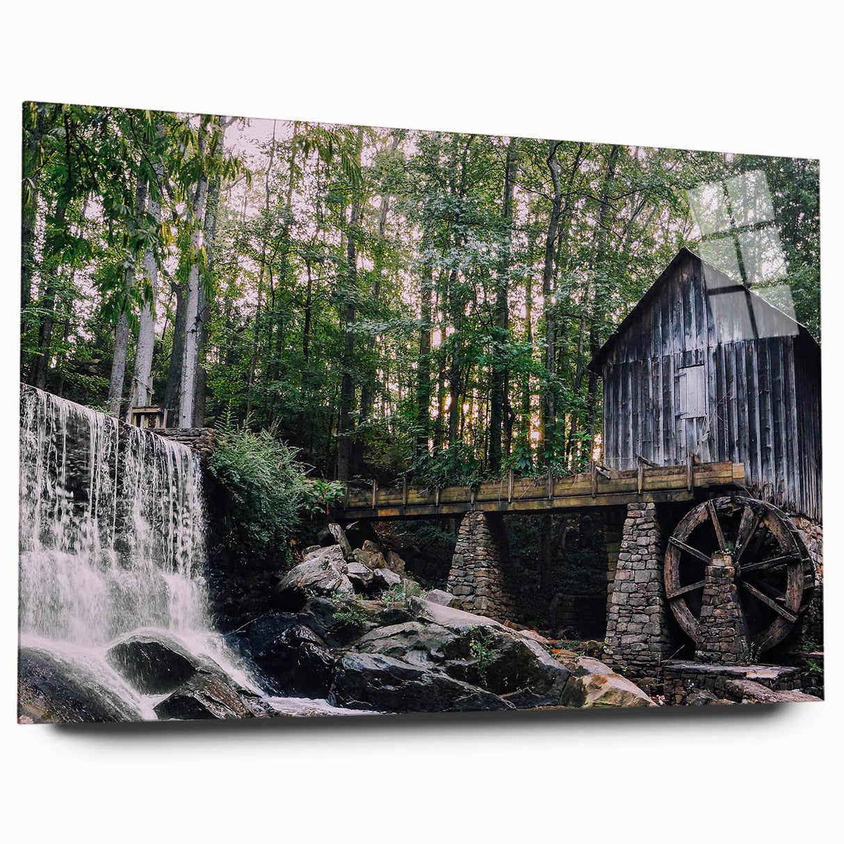 Side view of a modern acrylic glass wall art piece depicting a serene landscape with watermills, showcasing vibrant colors and intricate details, ideal for home decor.